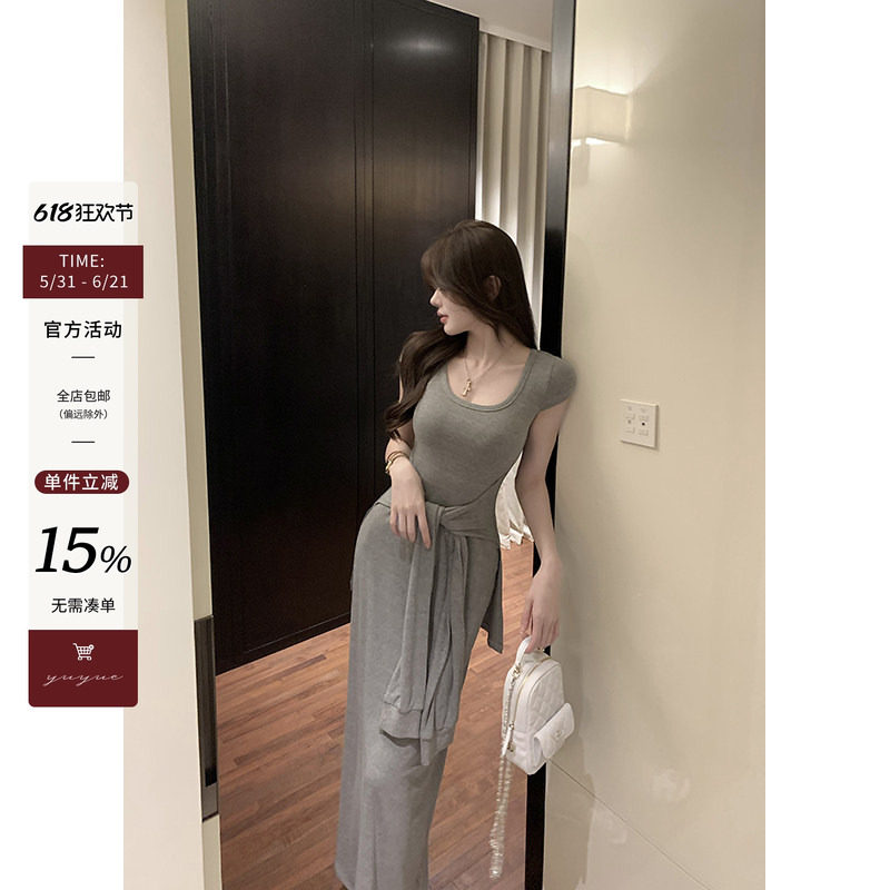 Yuyueer灰色短袖绑带气质连衣裙女夏季韩系高级修身收腰长款裙子
