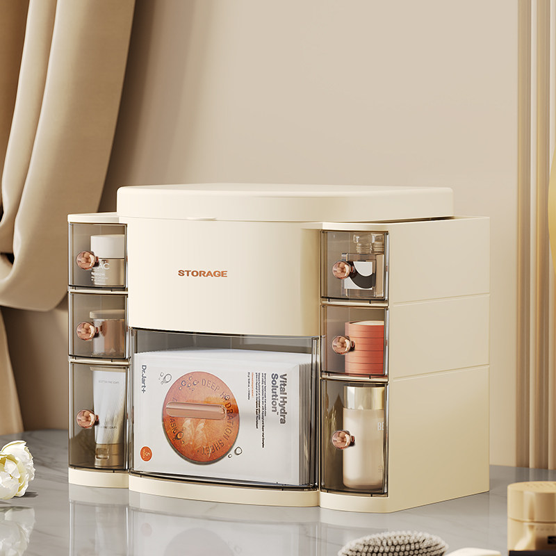 桌面梳妆台防尘口红面膜香水置物架化妆品收纳盒带镜子一体抽屉式