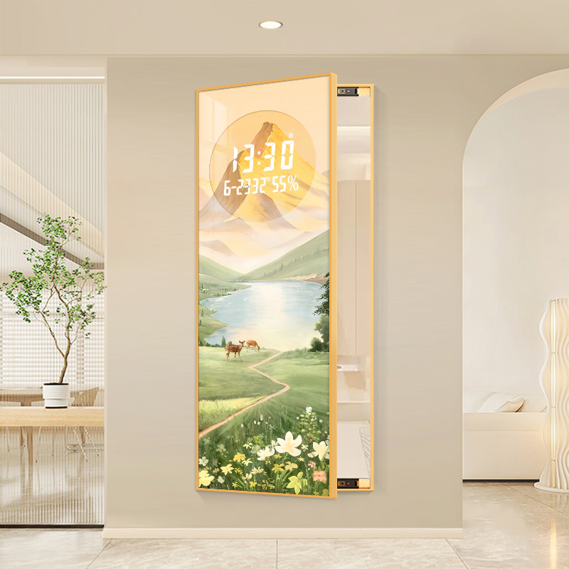 日照金山暗藏式全身镜带钟表数显玄关镜子装饰挂画隐形穿衣试衣镜