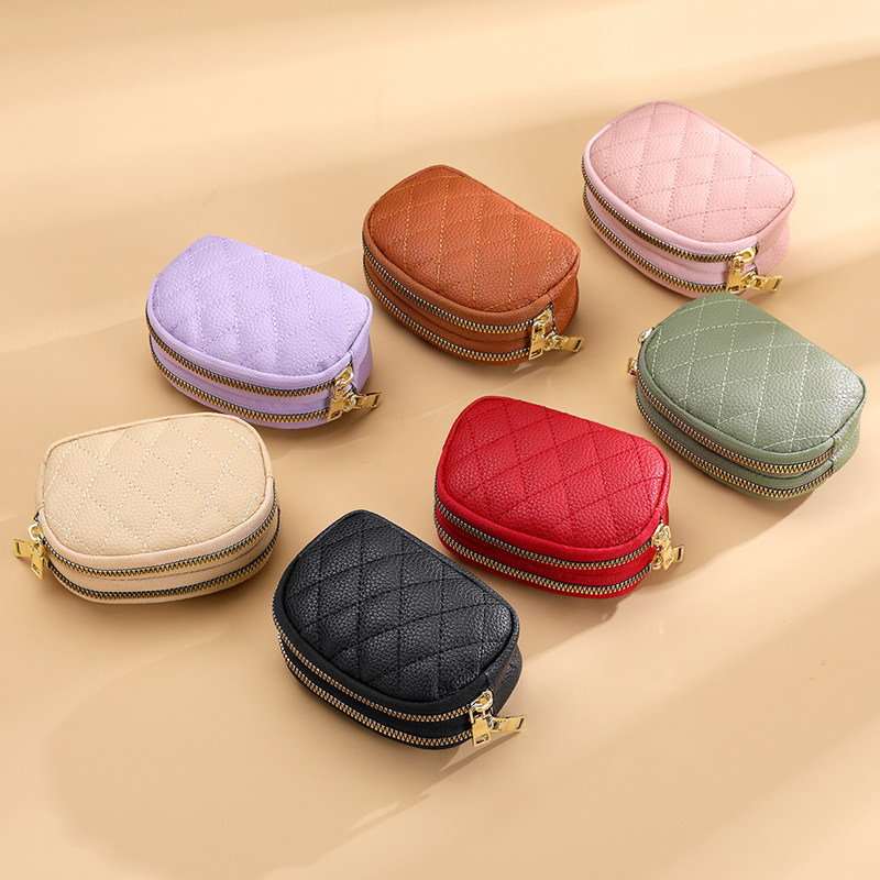 真皮质感双层钱包菱格绣线小零钱包钥匙环扣硬币包拉链收纳包女