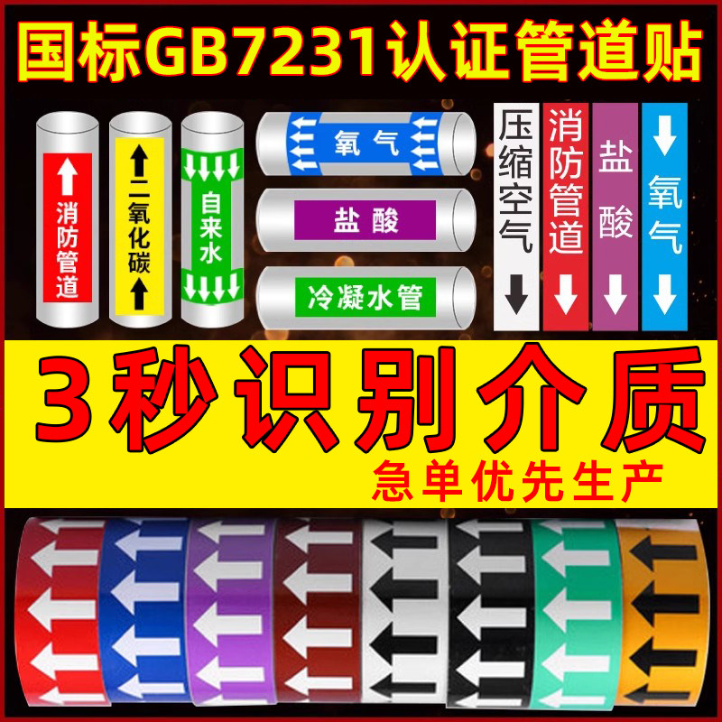 管道标识流向箭头反光膜色环标签介质流向标识压缩空气氮气气体标识贴水管水流指示方向工业管路化工国标定制