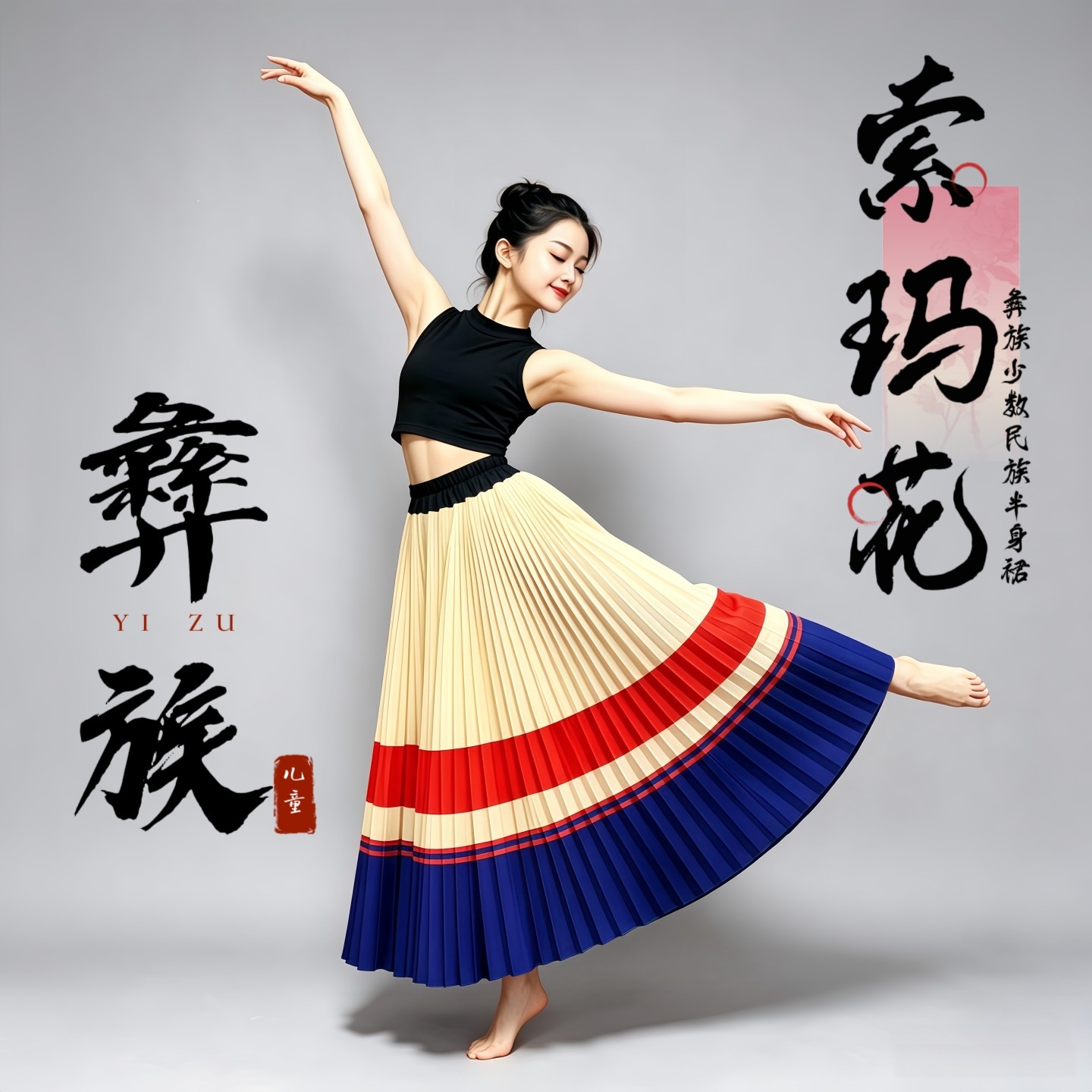 彝族大摆裙大山练习舞蹈服索玛花儿童百褶裙火把节表演服装半身裙
