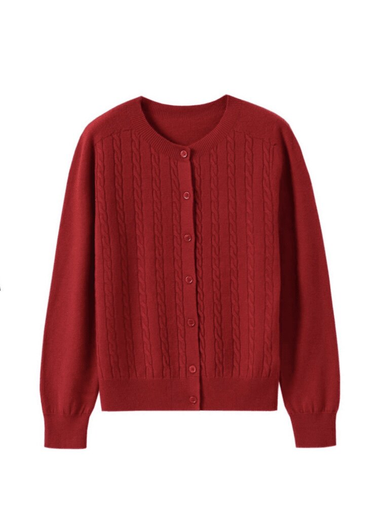 100%纯羊毛 一线成衣 麻花开衫  26早春纯色圆领针织毛衣简约外套