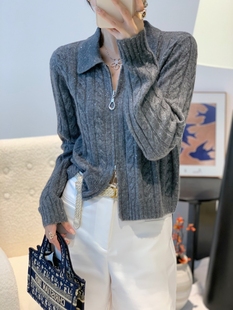 翻领精致麻花毛衣 闪亮双拉链针织开衫 秋季新款宽松短款毛衣外套