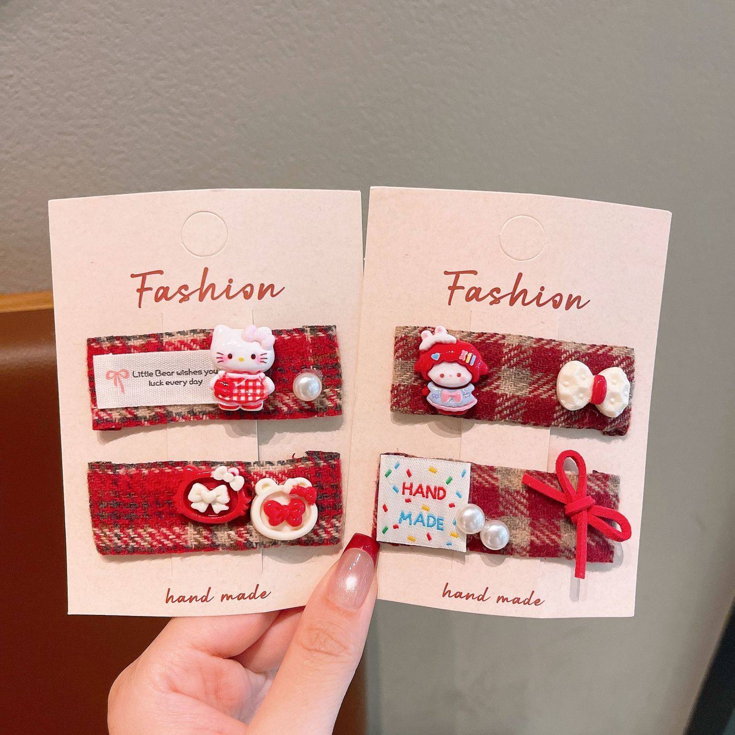 韩版卡通可爱发夹女童红色格纹蝴蝶结发饰新年头饰女童发卡红色BB