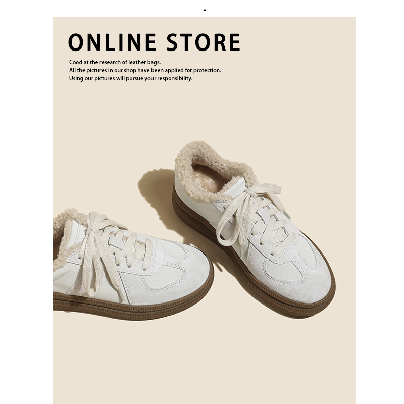 牛皮复古羊毛保暖加绒运动休闲德训鞋女2025秋冬新款真皮阿甘板鞋