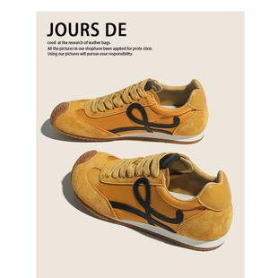 牛皮~黄色内增高德训鞋女2026新款超火真皮休闲百搭阿甘运动鞋子