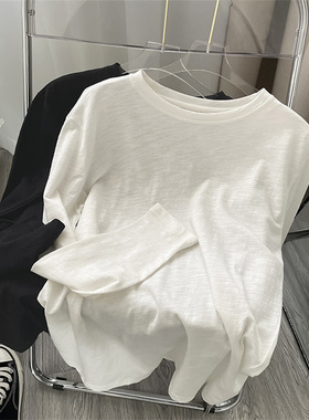 白色长袖女t恤薄春简单纯色圆领宽松上衣百搭底衫0206zd