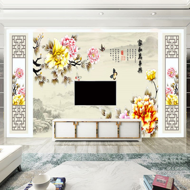 3D壁画装饰电视背景墙壁纸客厅大气8d墙纸中式牡丹家和万事兴墙布