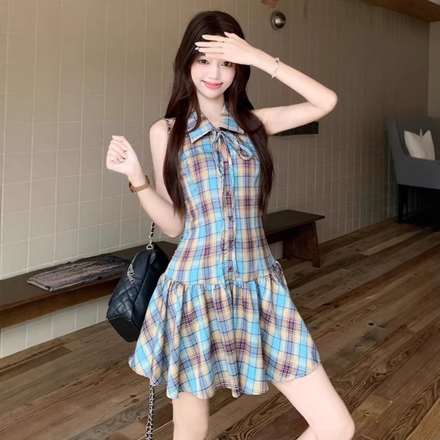 法式学院风蓝色格纹连衣裙