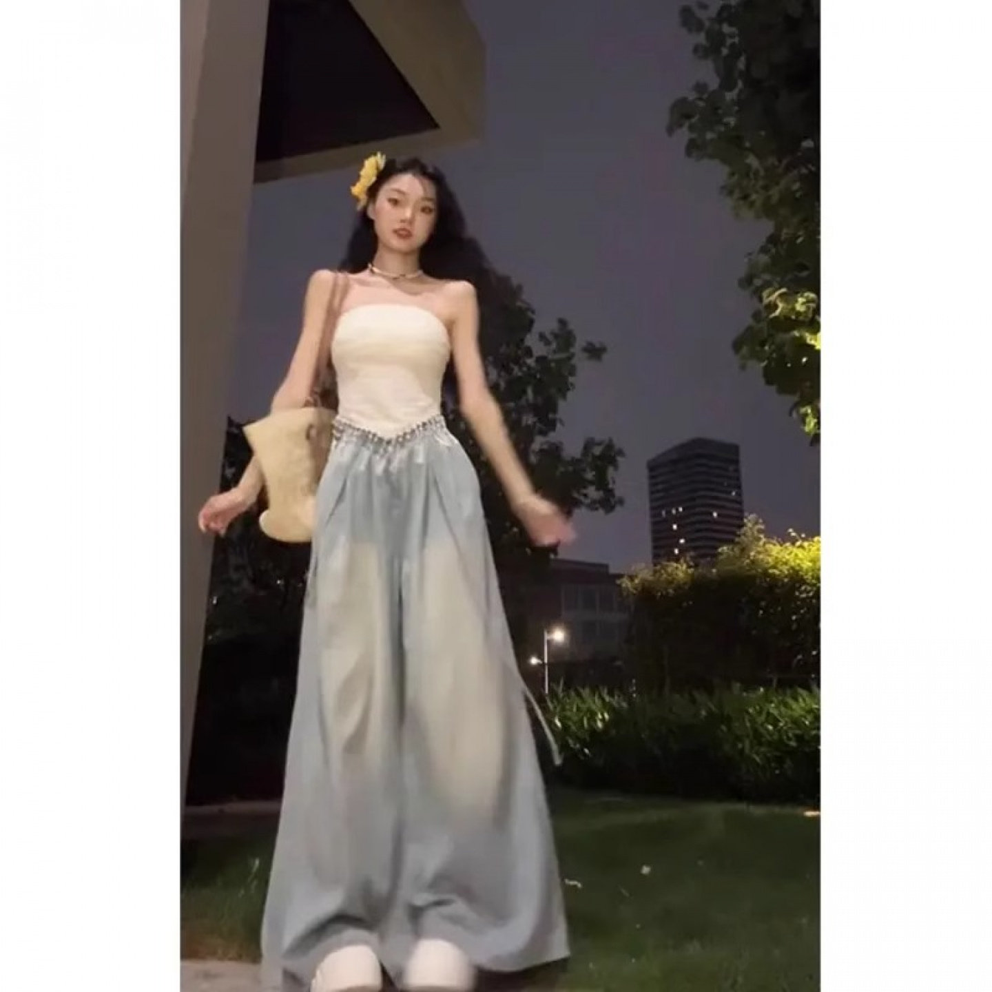 夏季流苏抹胸配高腰阔腿牛仔套装
