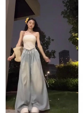 夏季流苏抹胸配高腰阔腿牛仔套装