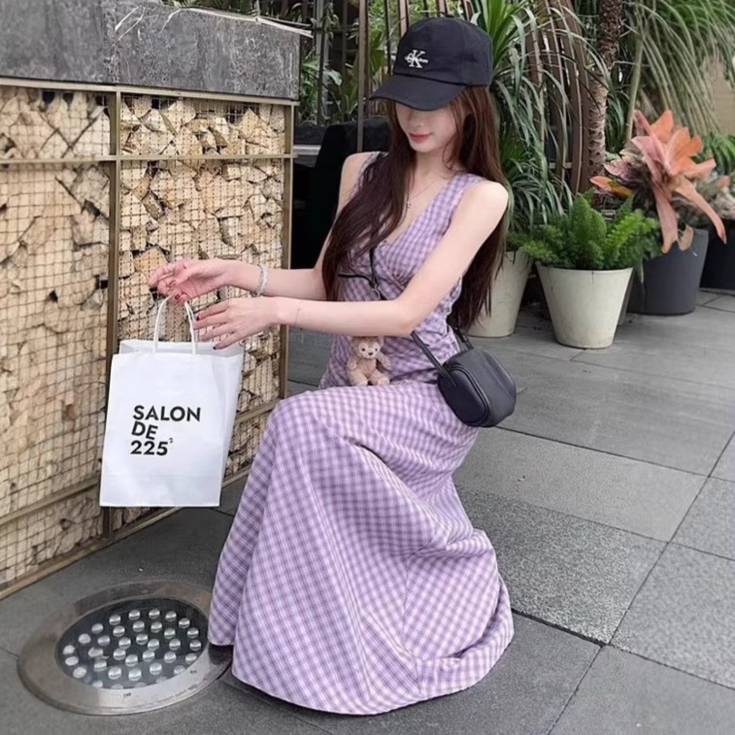 法式复古紫格子V领背心裙