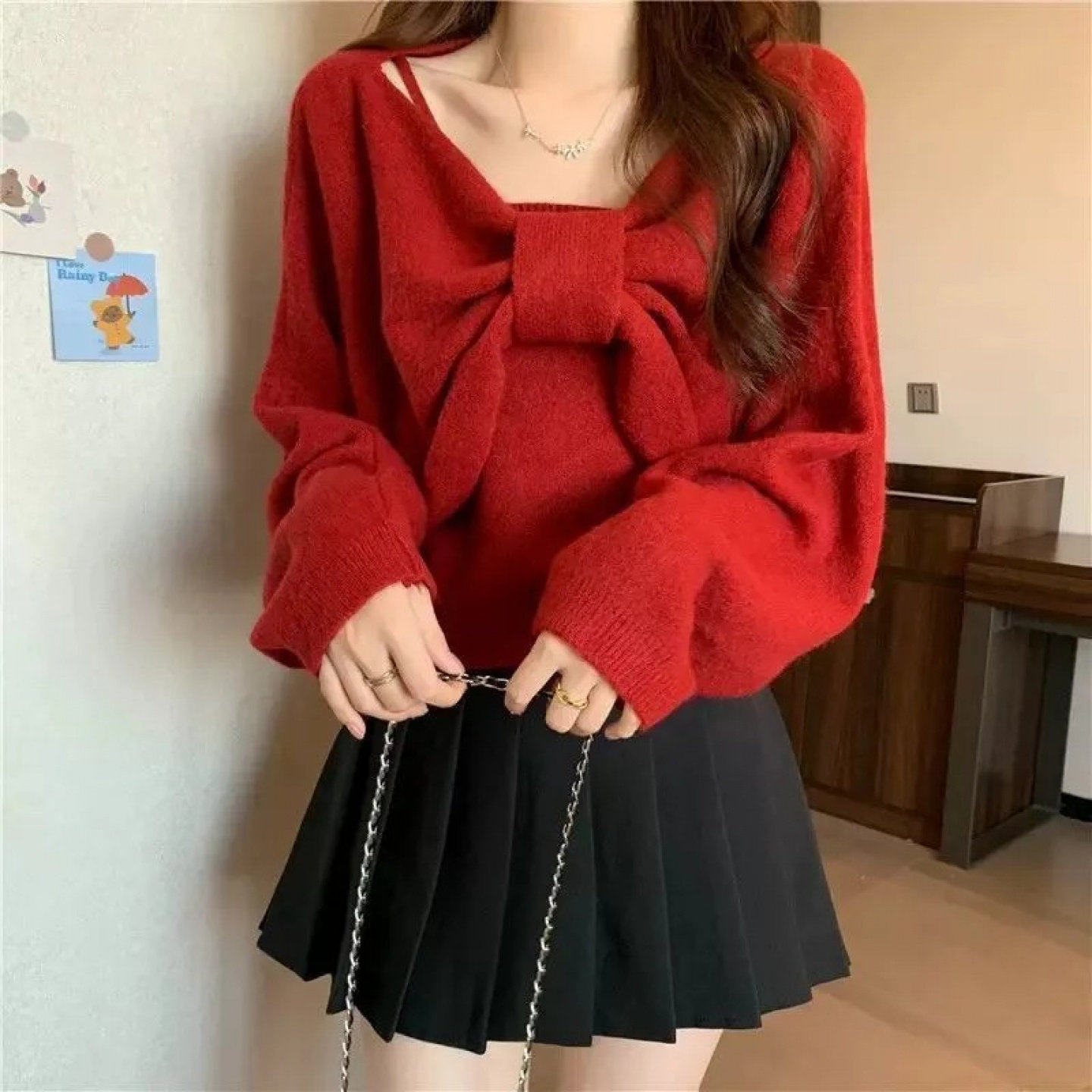 秋冬新款女蝴蝶结毛衣背心短裙三