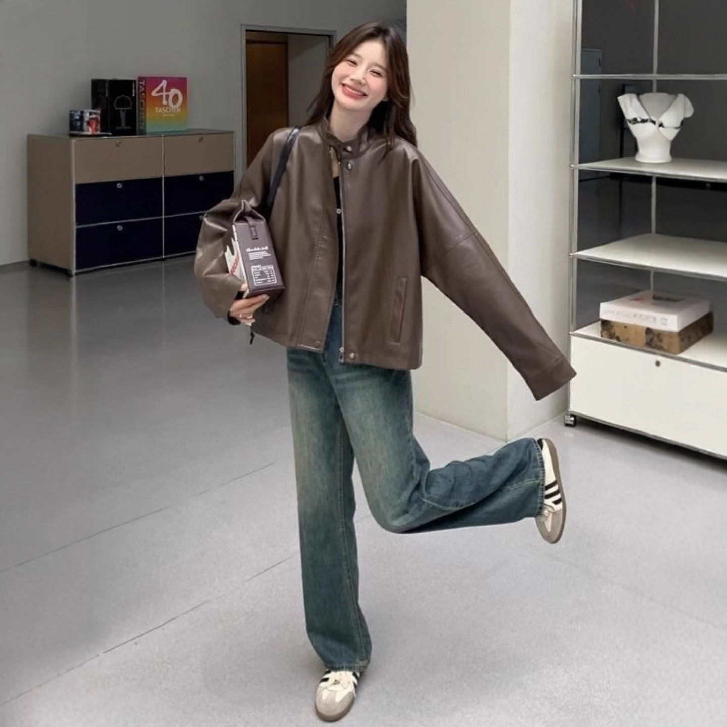 美拉德咖色小皮衣女春秋机车夹克