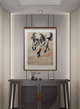 入户玄关装饰画客厅大幅竖版奔马图国画定制新中式背景墙挂画壁画
