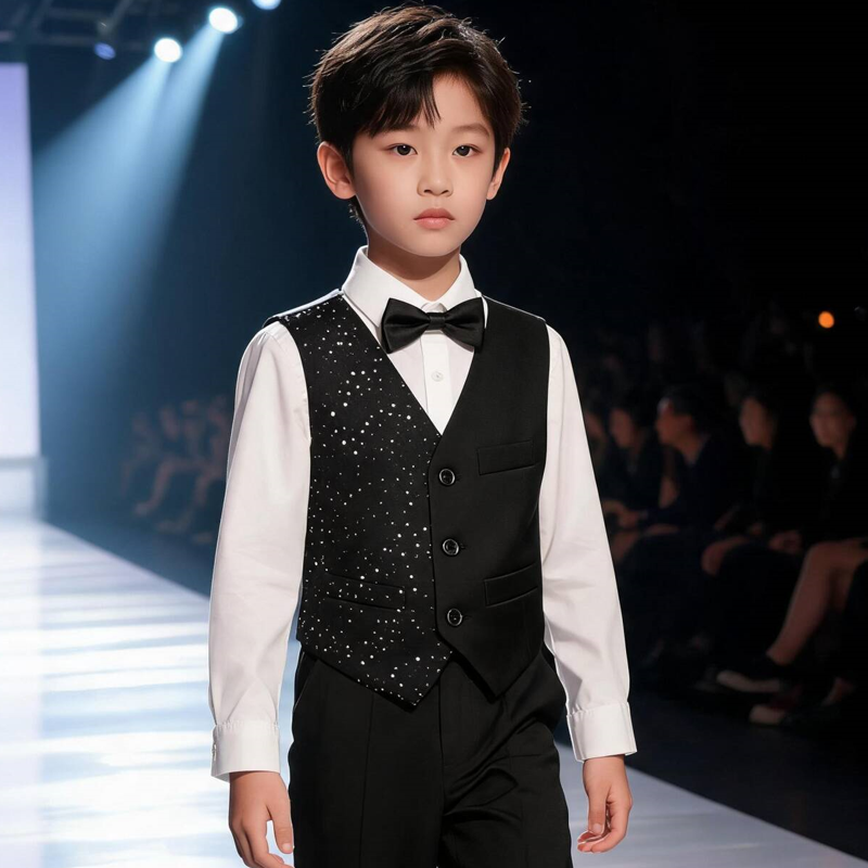黑色男童马甲套装男孩镶钻合唱服西装背心舞台走秀演出服钢琴礼服