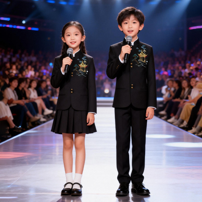 儿童西装套装主持人礼服男童演出服装中式黑色中山装女童国潮走秀