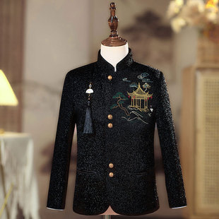 男童西装亮丝中国风刺绣主持人礼服黑色晚会中式演出舞台表演西服