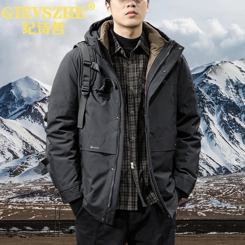 纪诗哲冬季户外滑雪防寒连帽羽绒服男冲锋衣宽松保暖鹅绒工装外套
