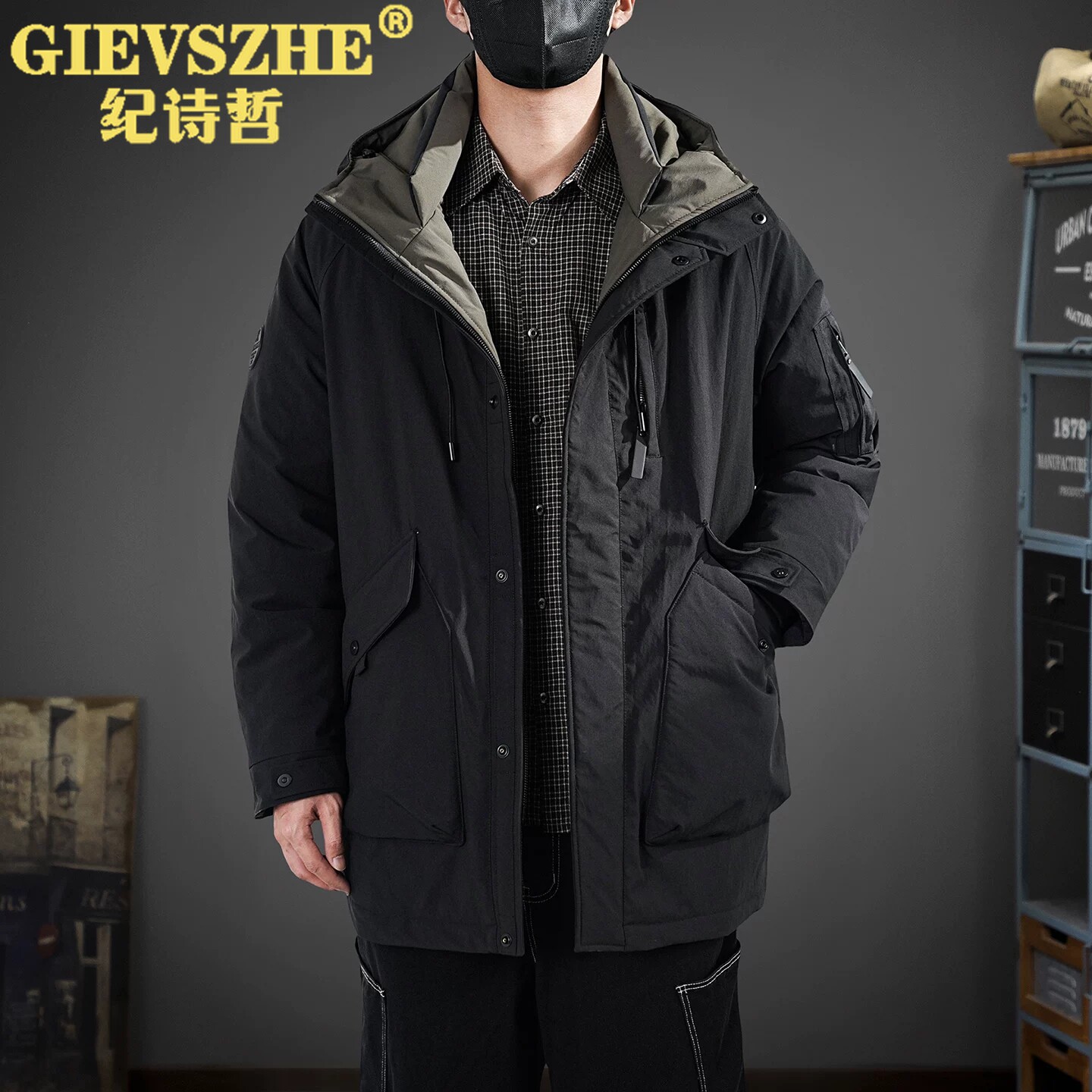 纪诗哲白鸭绒羽绒服男冬季新款中长款加厚工装棉服冲锋连帽派克服
