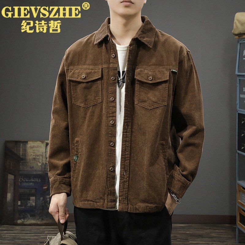 纪诗哲2026春季新款美式复古灯芯绒工装夹克男纯棉衬衣痞帅外套男