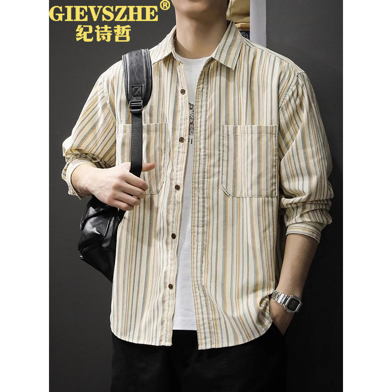 纪诗哲美式复古条纹长袖衬衫男2025春季新款休闲潮宽松显瘦衬衣