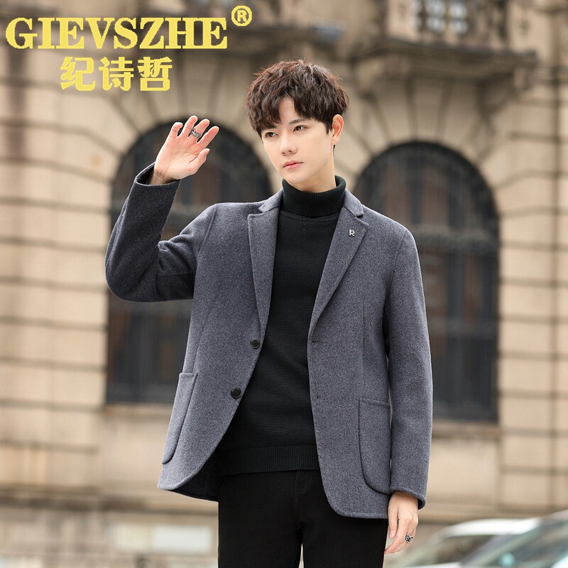 纪诗哲双面羊毛呢子西装外套男士加厚大衣短款春秋休闲保暖小西服
