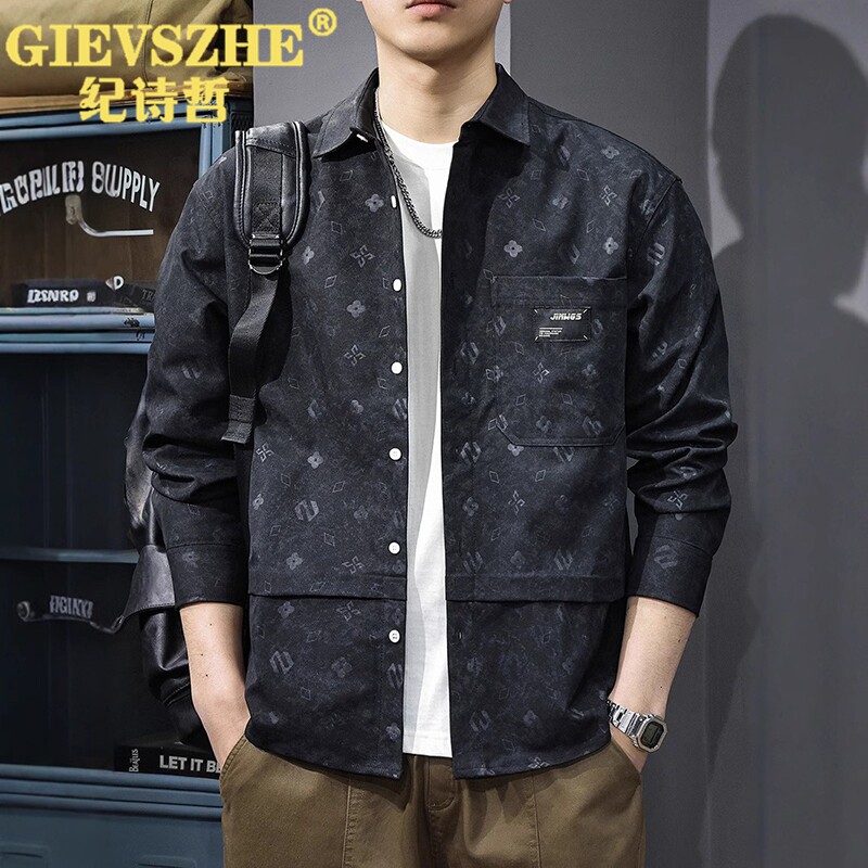 纪诗哲2025春秋季休闲开衫潮流痞帅提花衬衣长袖美式衬衫外套男