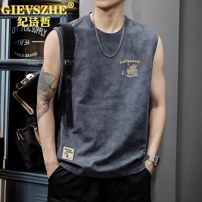 纪诗哲2024夏季新款美式背心男宽松大码休闲健身痞帅纯棉无袖t恤