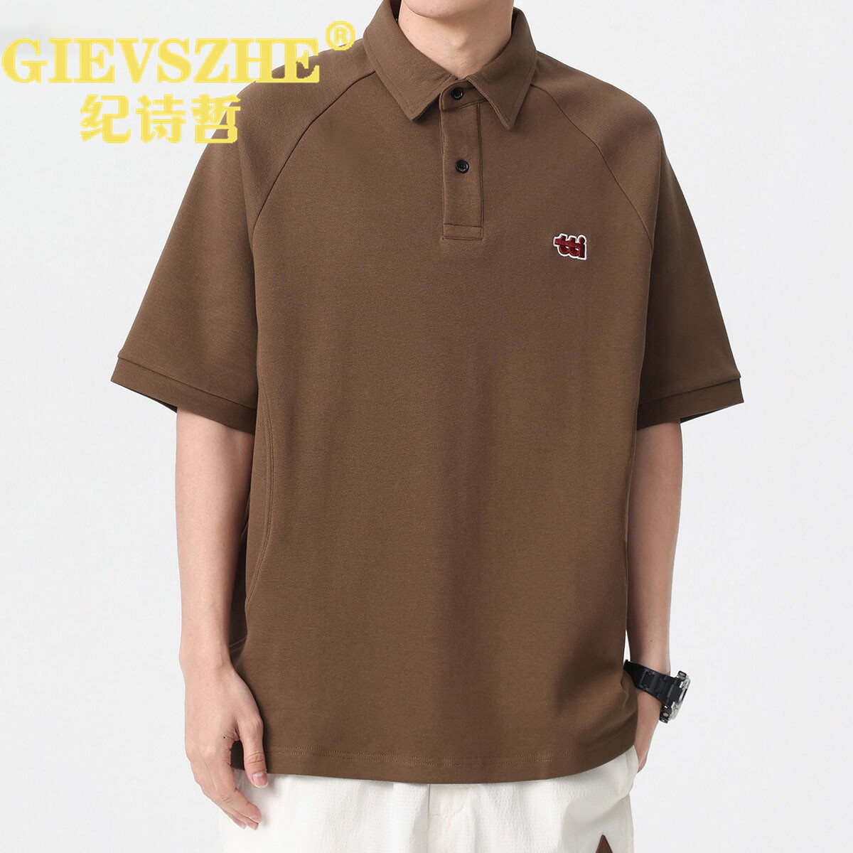 纪诗哲潮牌痞帅短袖polo衫男2026新款青少年落肩袖高端短袖t恤男