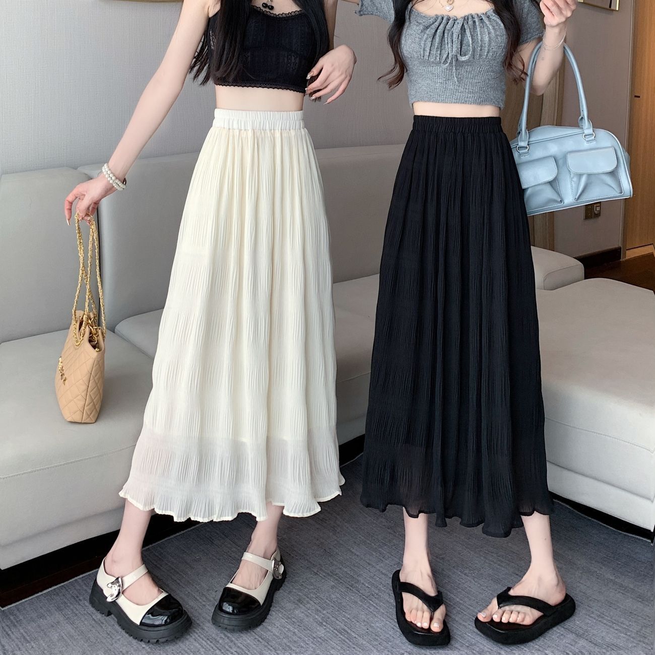 雪纺半身裙女夏季2025新款百褶裙伞裙韩版休闲高腰a字长裙显瘦