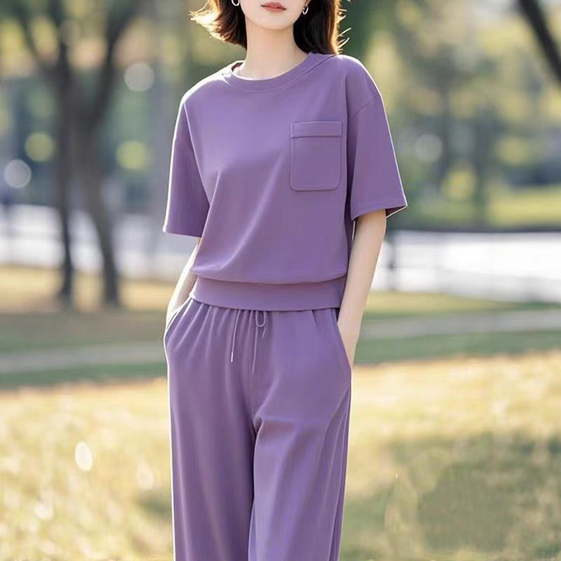 素雅订制女装原创品牌2025夏新款短袖休闲紫色舒服运动减龄两件套