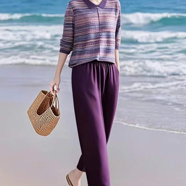 素雅订制女装原创品牌早秋时尚提花翻领针织衫松紧腰休闲裤套装