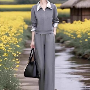 素雅订制女装 灰色翻领拼接卫衣松紧腰两件套 原创品牌2025秋冬新款