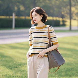 素雅订制女装 T恤 原创品牌店2025新款 100%棉针织条纹拼色圆领短袖