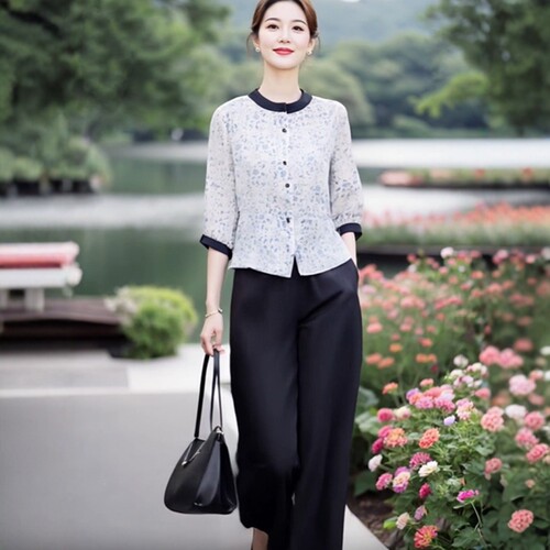 素雅订制女装原创品牌新款简约印花上衣亚麻苎麻混纺阔腿裤两件套