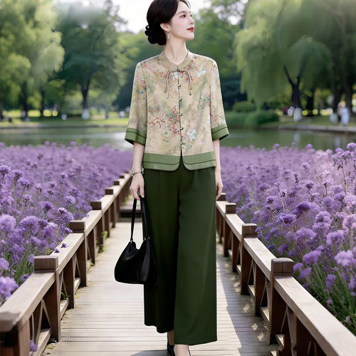 素雅订制女装原创品牌新款新中式复古假两件上衣松紧腰裤子两件套