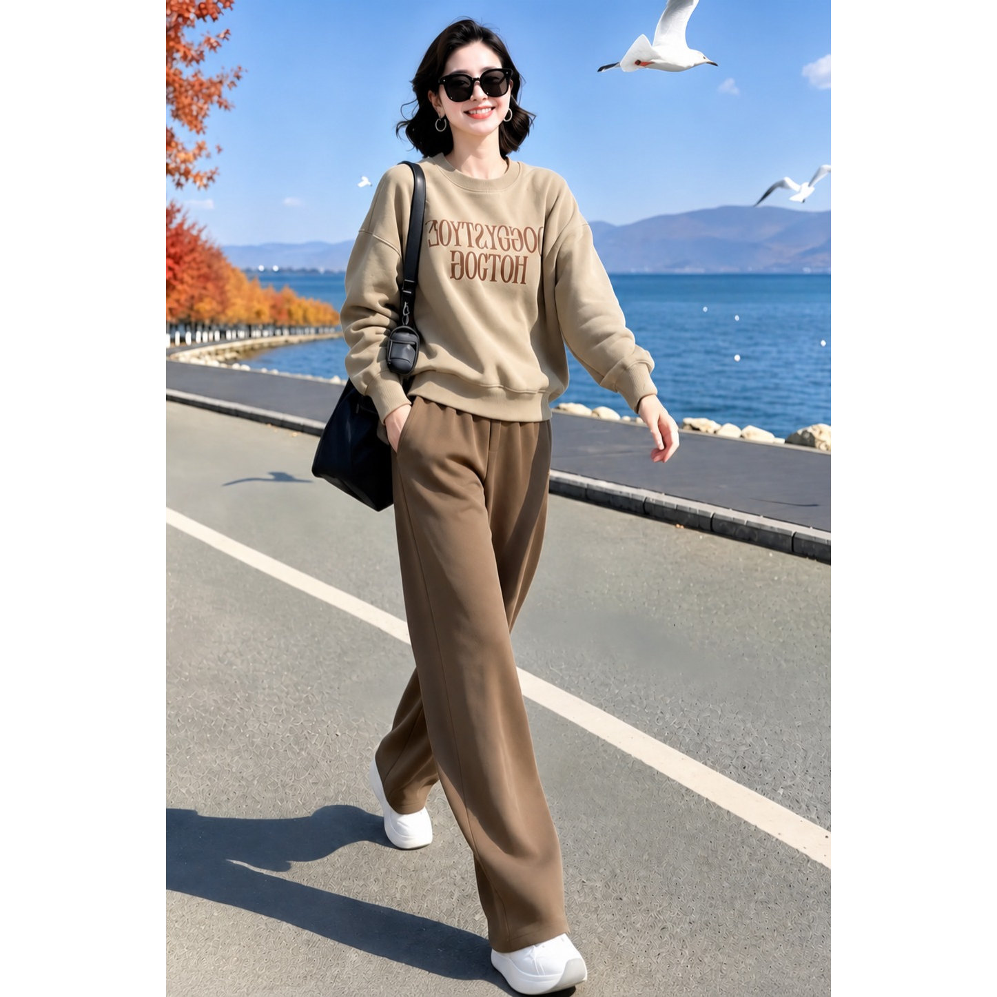 素雅订制女装原创品牌2026秋季新款休闲圆领舒适卫衣松紧腰裤套装