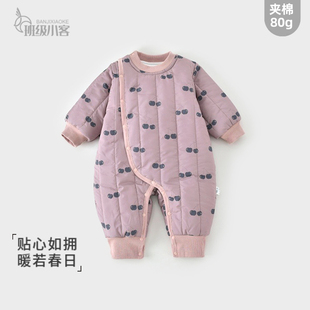 女宝宝婴儿夹棉连体衣80克加厚保暖棉服哈衣新生儿衣服秋冬爬服