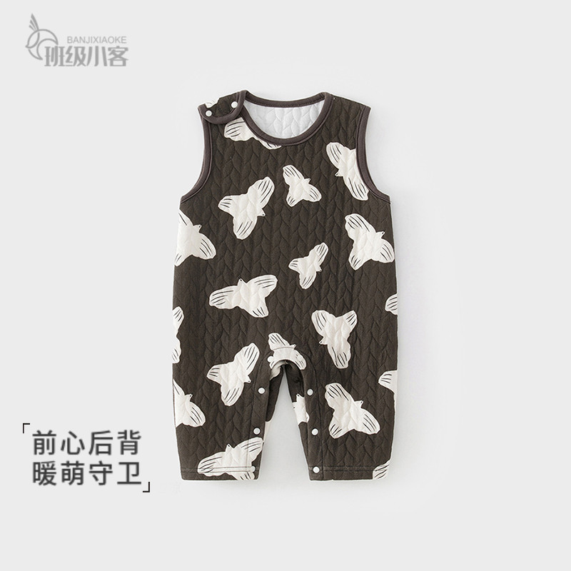 婴儿夹棉背带裤秋冬三层保暖男女宝宝连体衣无袖家居婴儿哈衣爬服