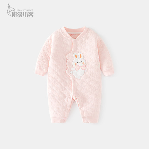 婴儿保暖连体衣女宝宝秋冬无骨哈衣新生儿长袖睡衣三层夹棉爬服
