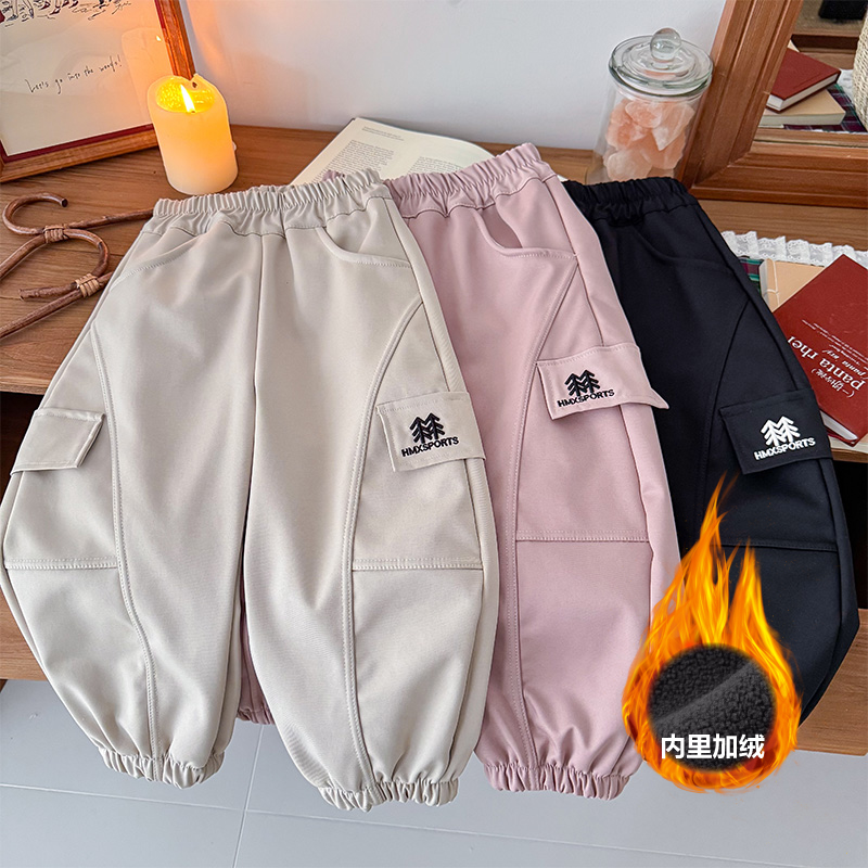 儿童冬季保暖工装加绒休闲弯刀裤保暖休闲加厚束脚裤男童中大童