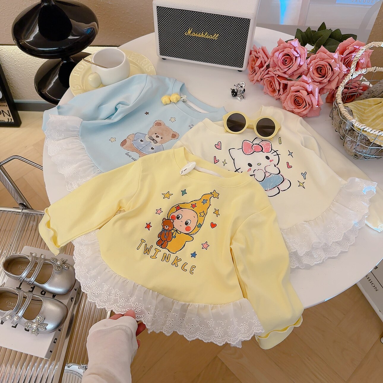 女童长袖T恤打底衫蕾丝花边春秋新款星星人双纱女童长袖可爱卡通