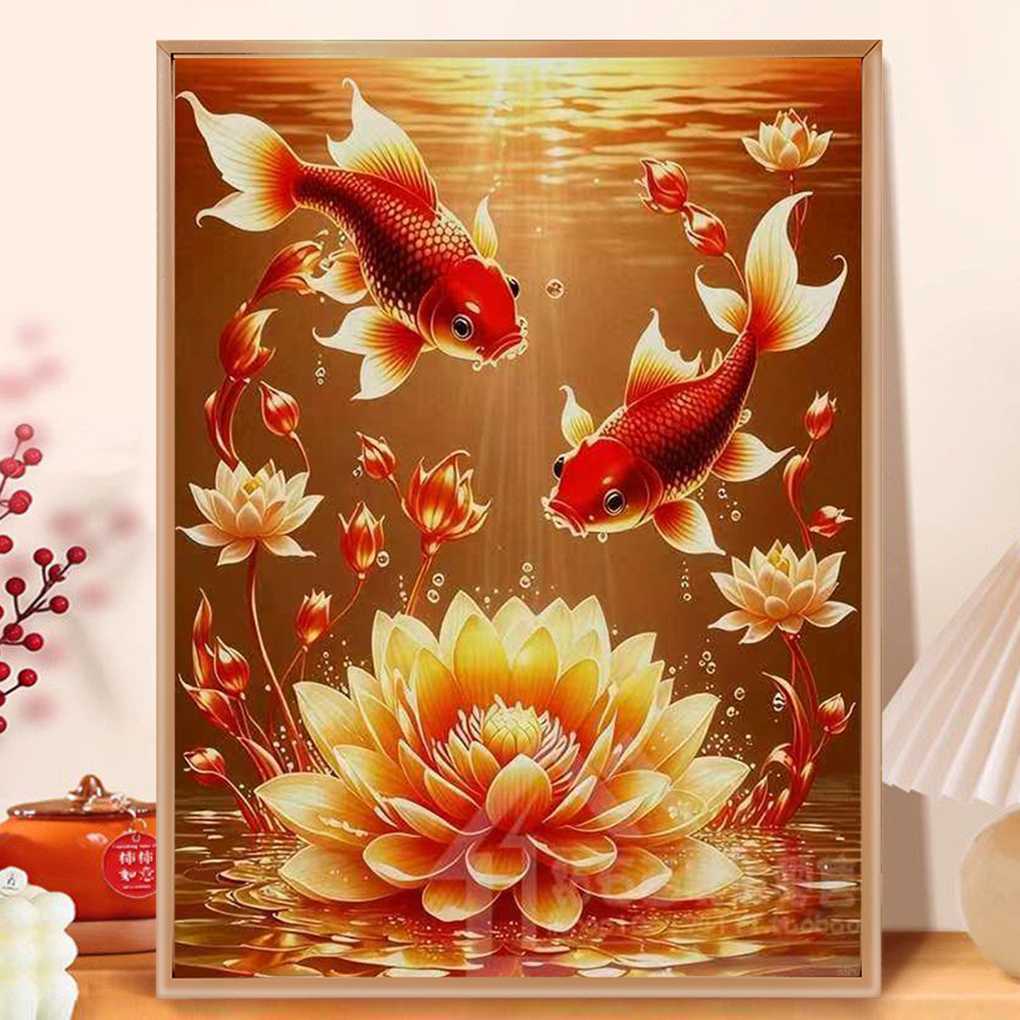 金色莲花锦鲤满钻带框钻石画图片