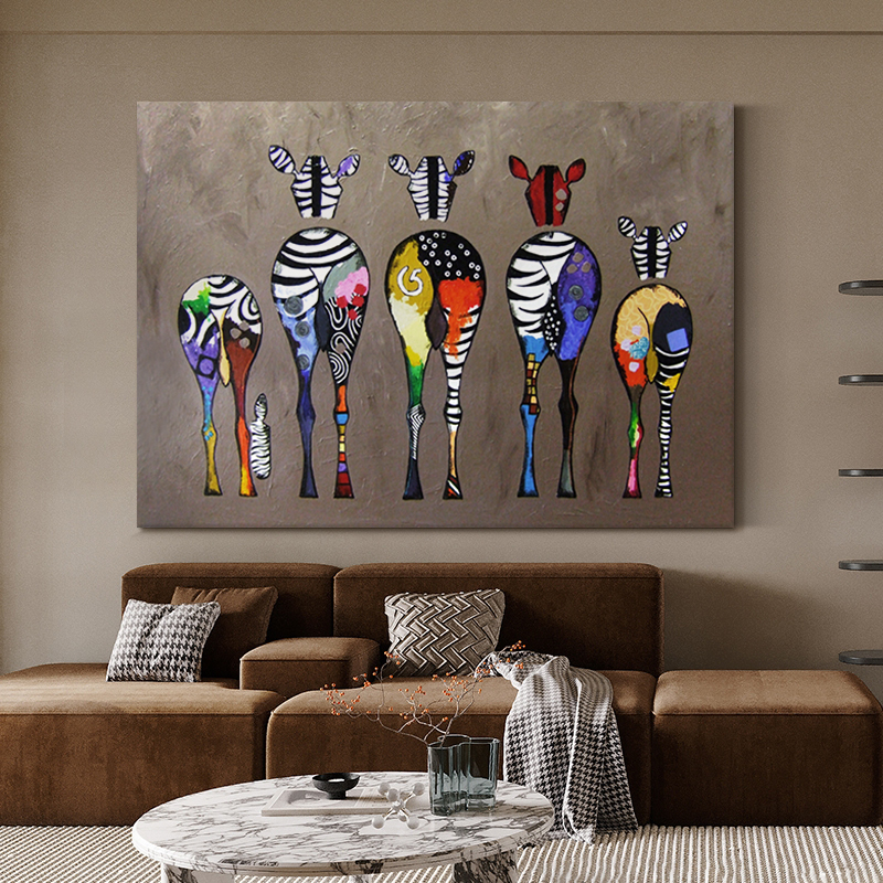 客厅纯手绘彩色斑马油画沙发儿童房大芬村抽象小众艺术装饰挂画图片
