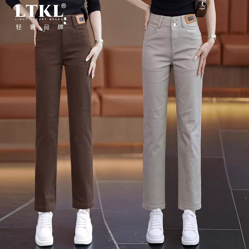 卡其色直筒牛仔裤女2025小个子梨形身材法棍裤高腰显瘦烟管裤