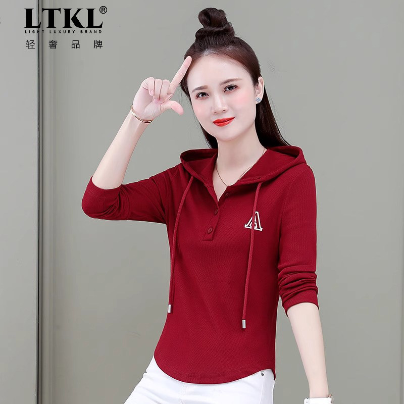 打底衫女t恤长袖带帽2025年春秋休闲运动连帽小个子卫衣上衣春装