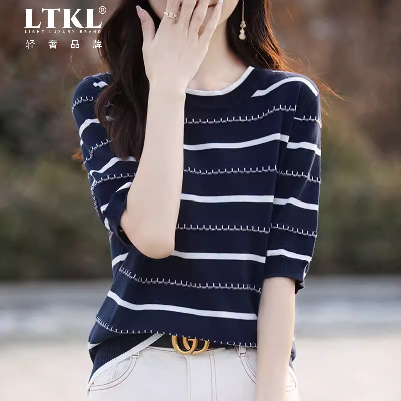 短袖t恤女2026夏新款条纹大码女装宽松薄款高级感冰丝针织衫上衣
