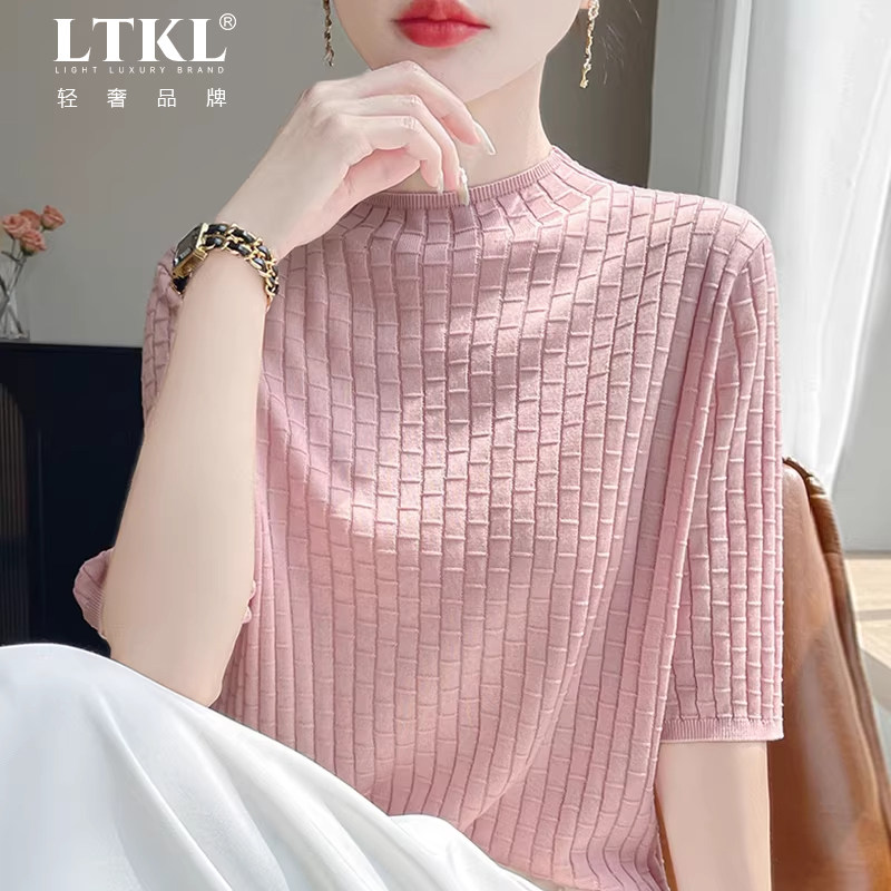 半高竹节短袖t恤女夏季2026新款打底衫洋气大码女装冰丝针织上衣